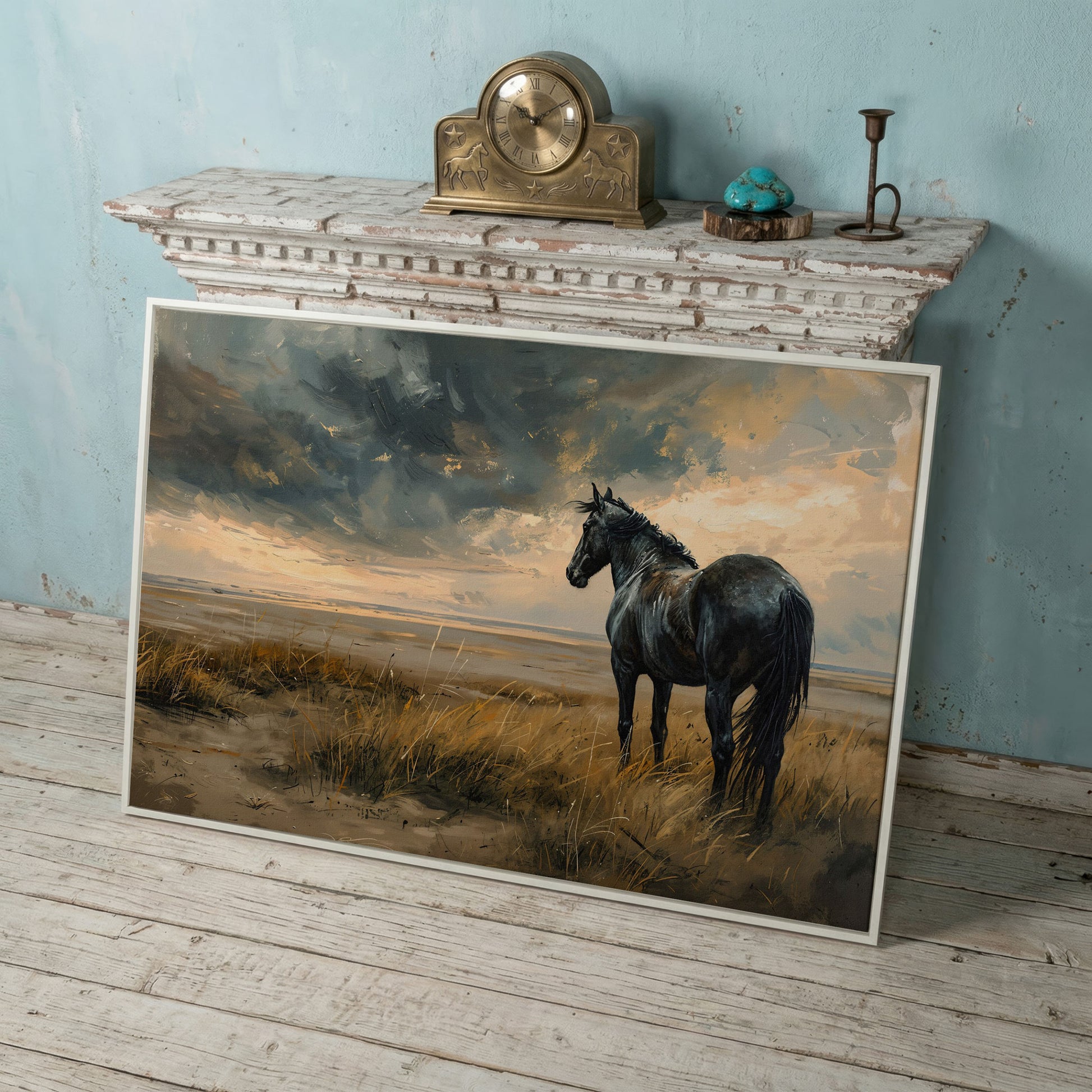 Black Horse in Golden Field Canvas in white floating frame