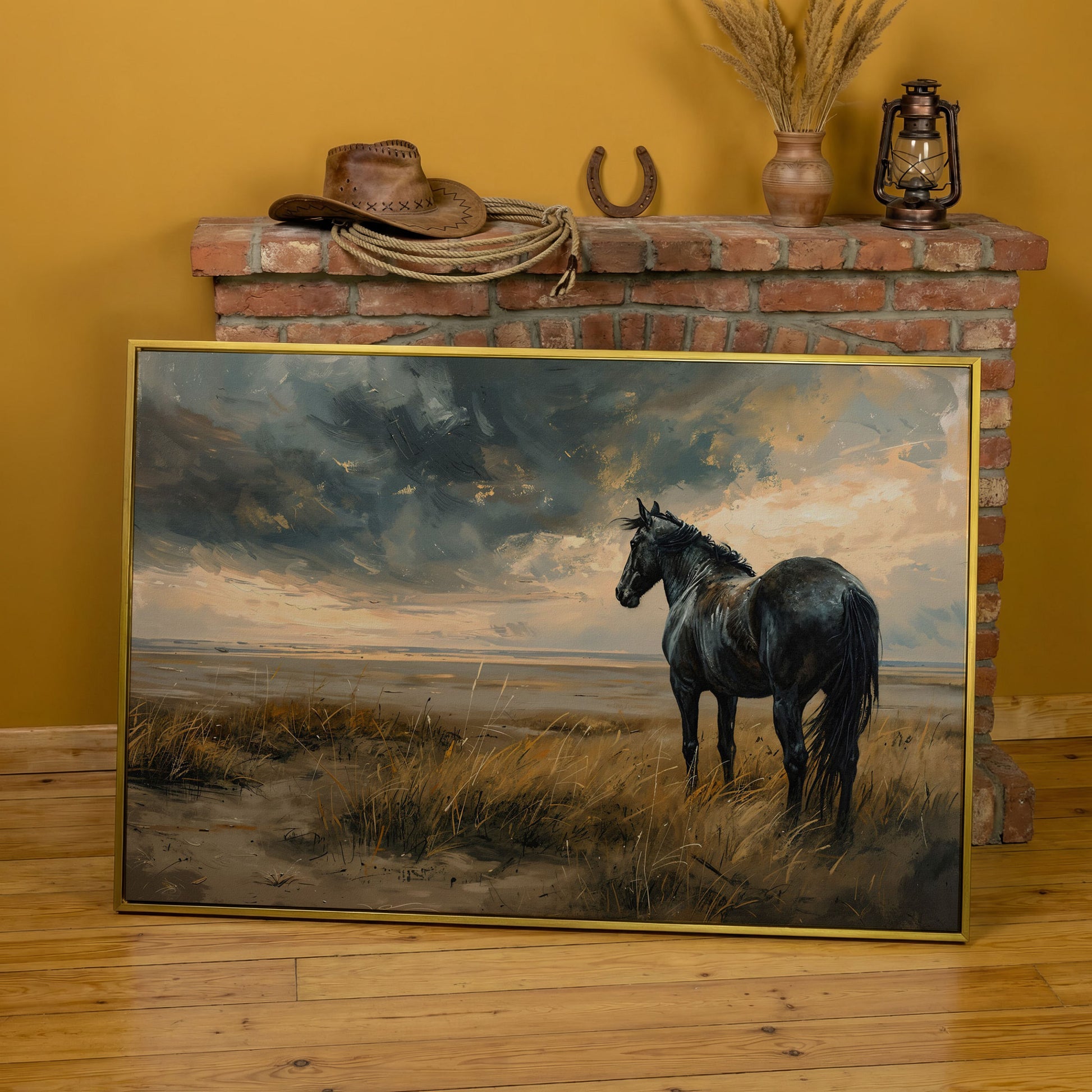 Black Horse in Golden Field Canvas in yellow gold floating frame