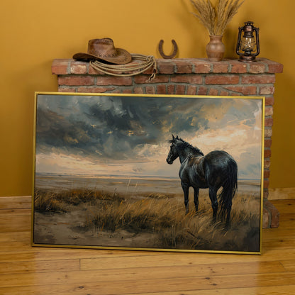 Black Horse in Golden Field Canvas in yellow gold floating frame