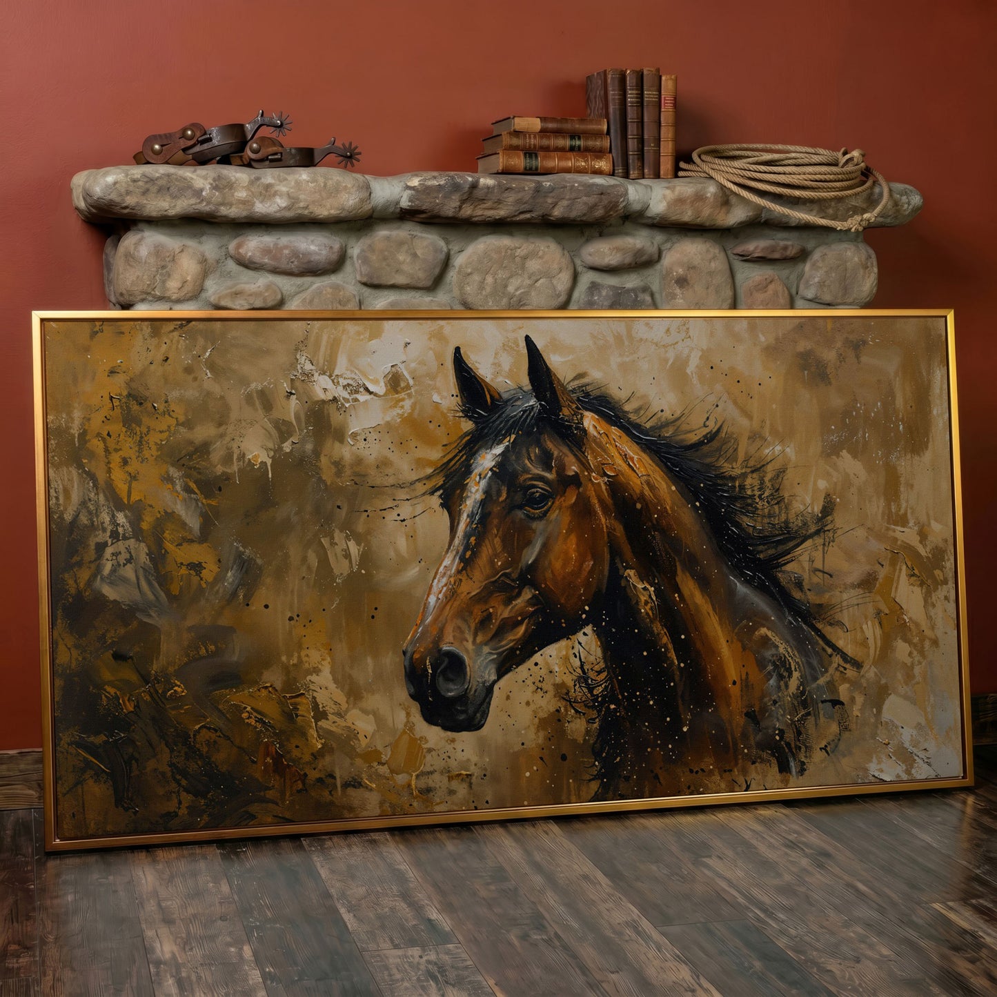 Abstract Horse Canvas Print, Expressive Equine Art in antique gold floating frame