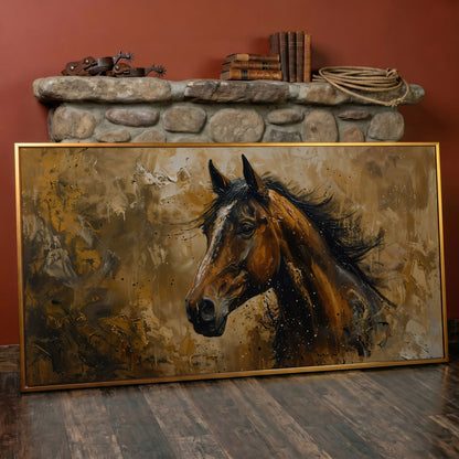Abstract Horse Canvas Print, Expressive Equine Art in antique gold floating frame