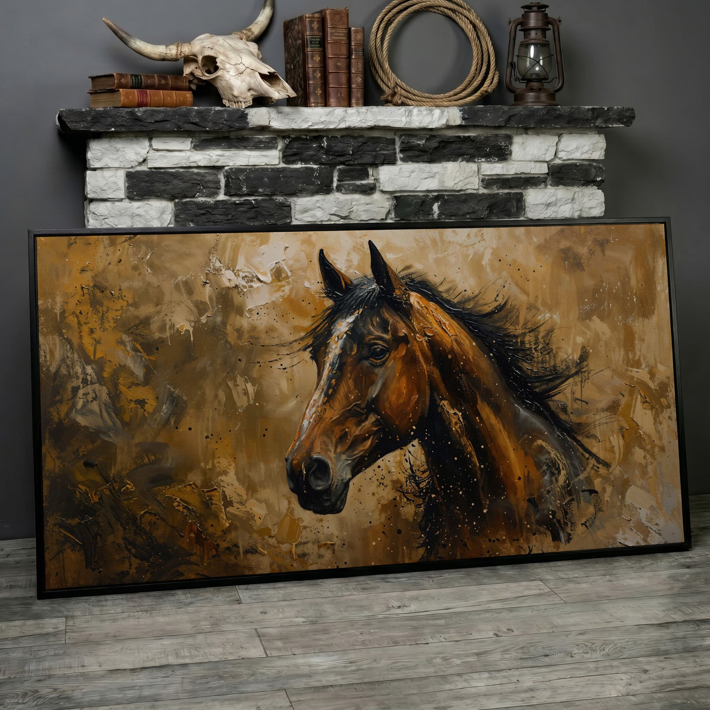 Abstract Horse Canvas Print, Expressive Equine Art in black floating frame