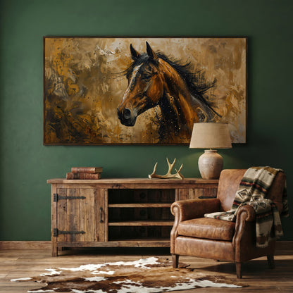 Abstract Horse Canvas Print, Expressive Equine Art in dark walnut floating frame