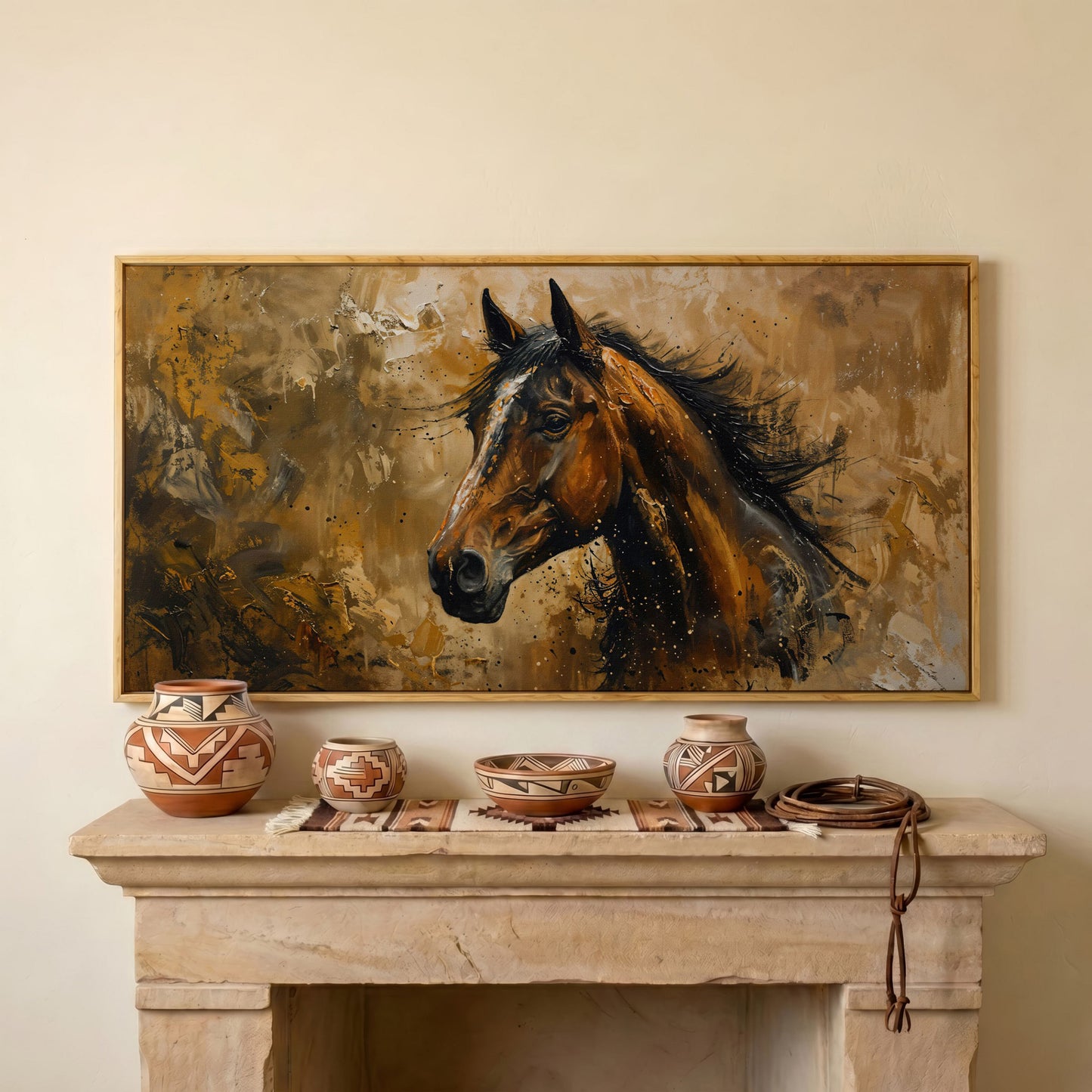 Abstract Horse Canvas Print, Expressive Equine Art in white oak floating frame