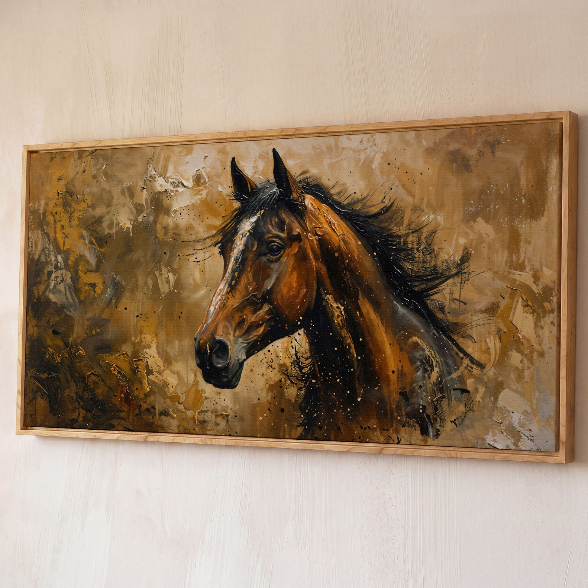 Abstract Horse Canvas Print, Expressive Equine Art shown in white oak floating frame