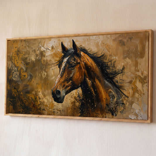 Abstract Horse Canvas Print, Expressive Equine Art shown in white oak floating frame