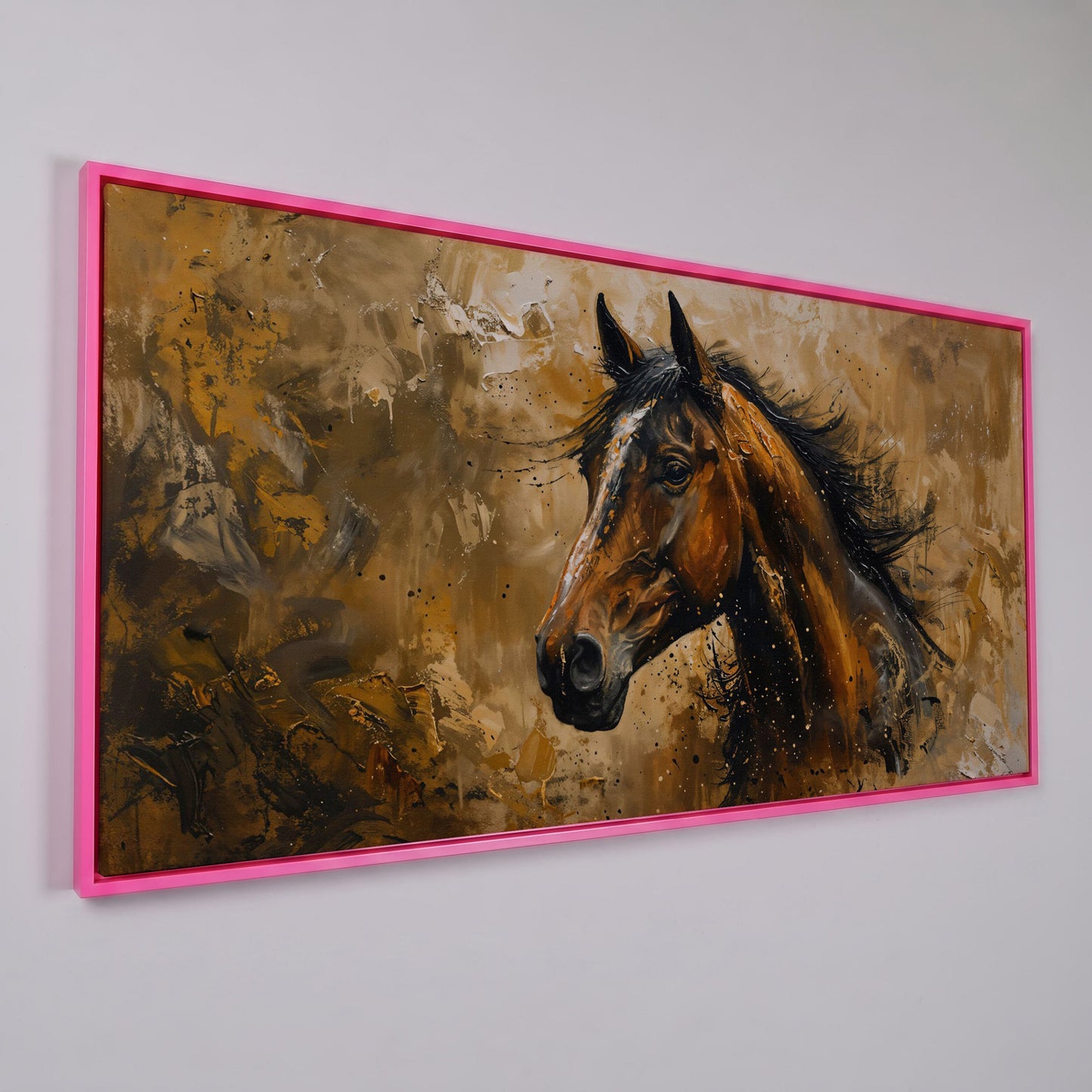 Abstract Horse Canvas Print, Expressive Equine Art in pink floating frame