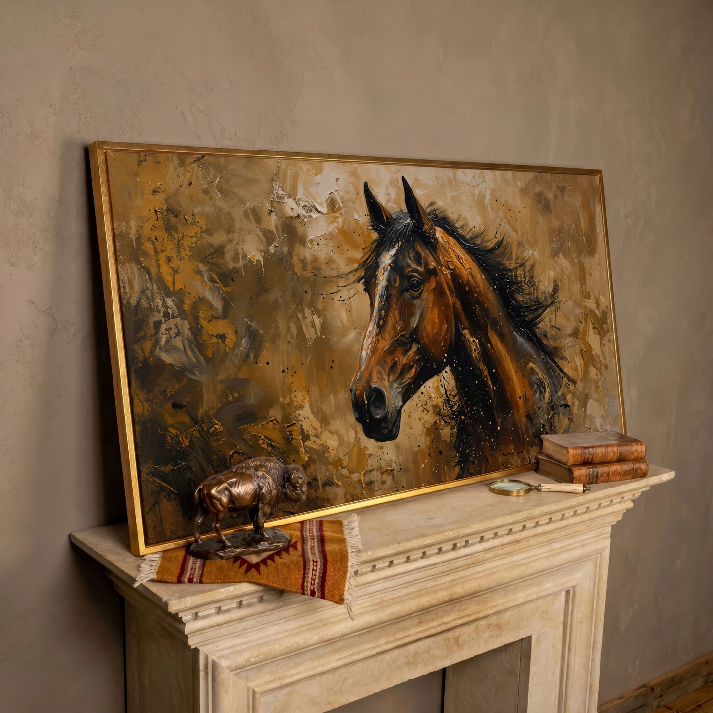 Abstract Horse Canvas Print, Expressive Equine Art in rose gold floating frame