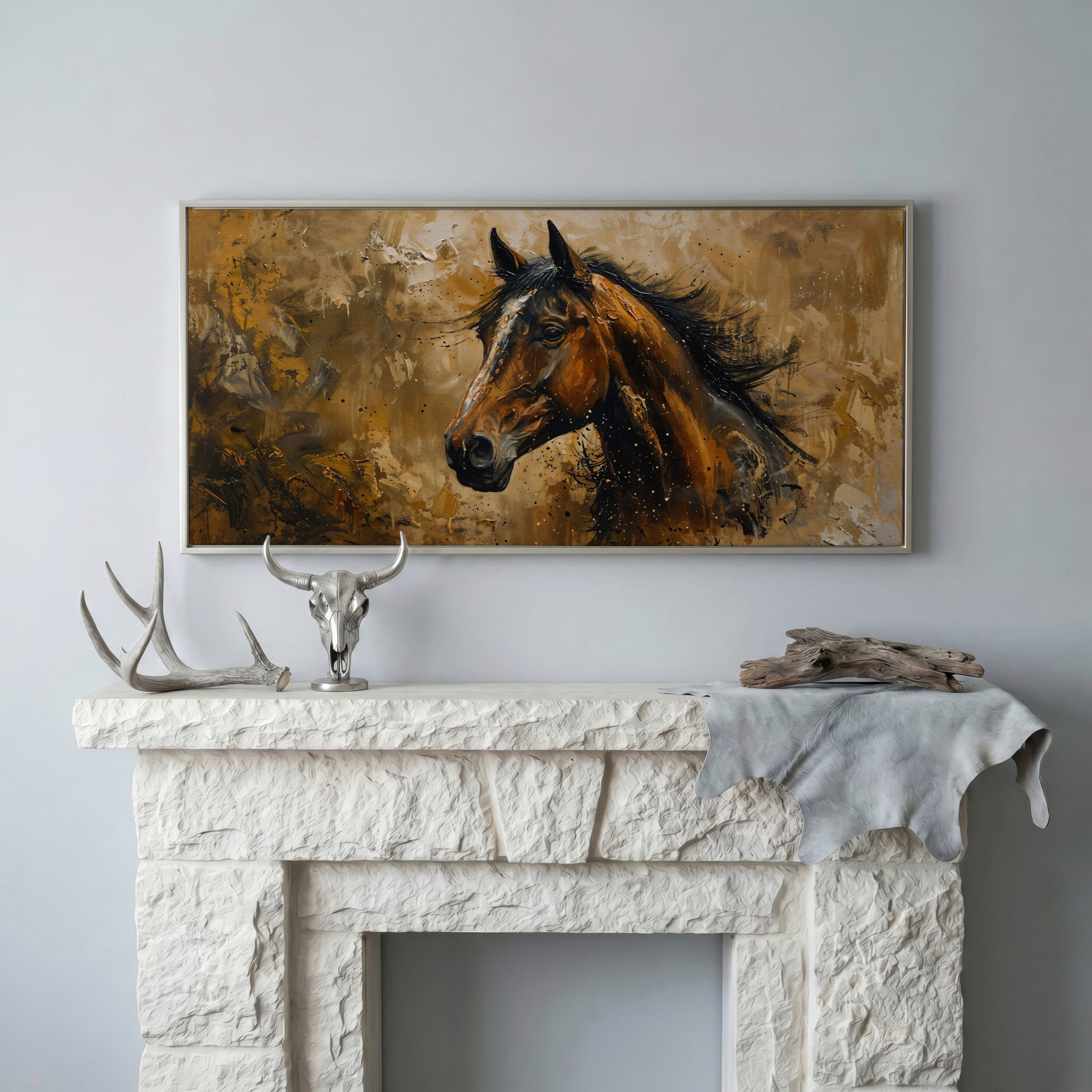 Abstract Horse Canvas Print, Expressive Equine Art in silver floating frame
