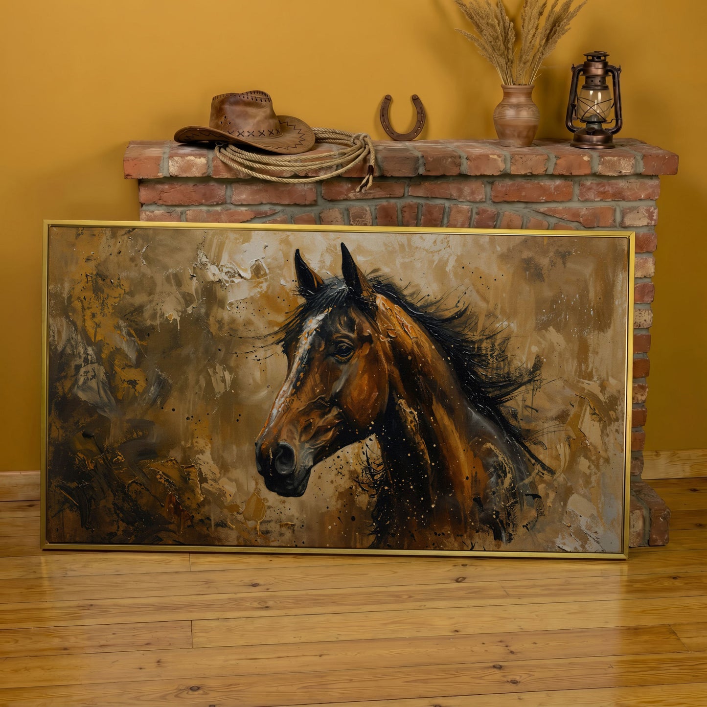Abstract Horse Canvas Print, Expressive Equine Art in yellow gold floating frame