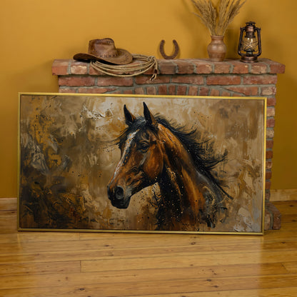 Abstract Horse Canvas Print, Expressive Equine Art in yellow gold floating frame