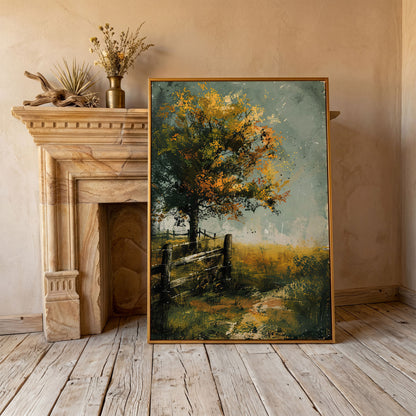 Autumn Country Tree with Wooden Fence, Rustic Landscape Canvas in antique gold floating frame