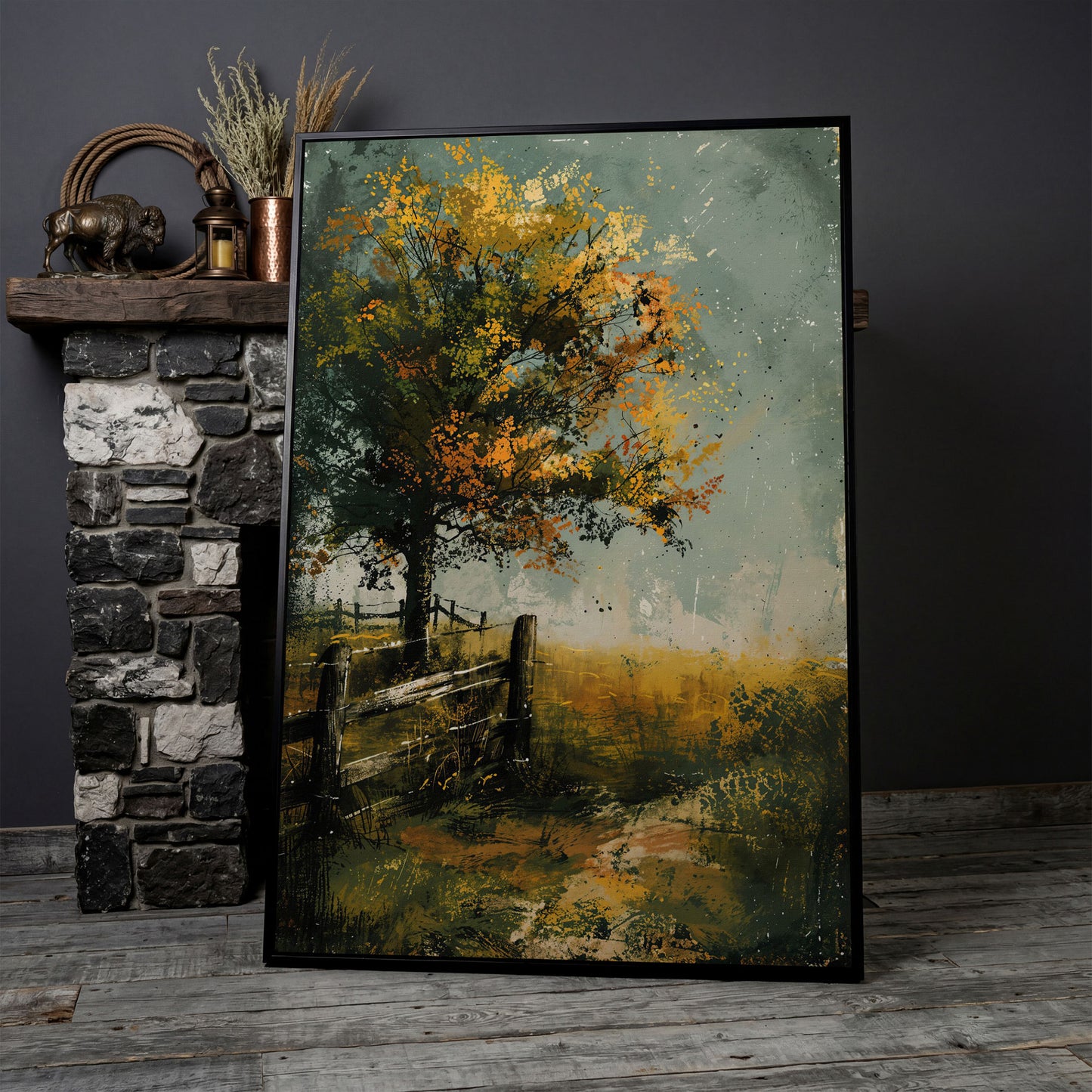 Autumn Country Tree with Wooden Fence, Rustic Landscape Canvas in black floating frame