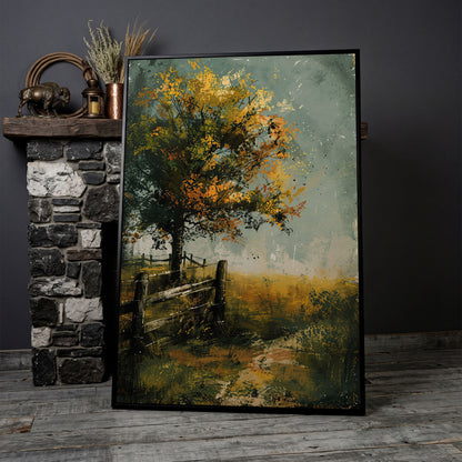 Autumn Country Tree with Wooden Fence, Rustic Landscape Canvas in black floating frame
