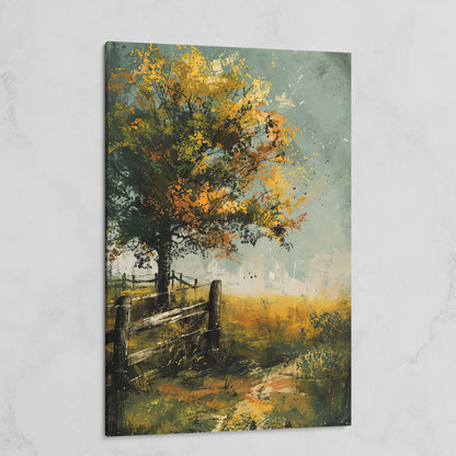 Autumn Country Tree with Wooden Fence, Rustic Landscape Canvas on gallery wrap