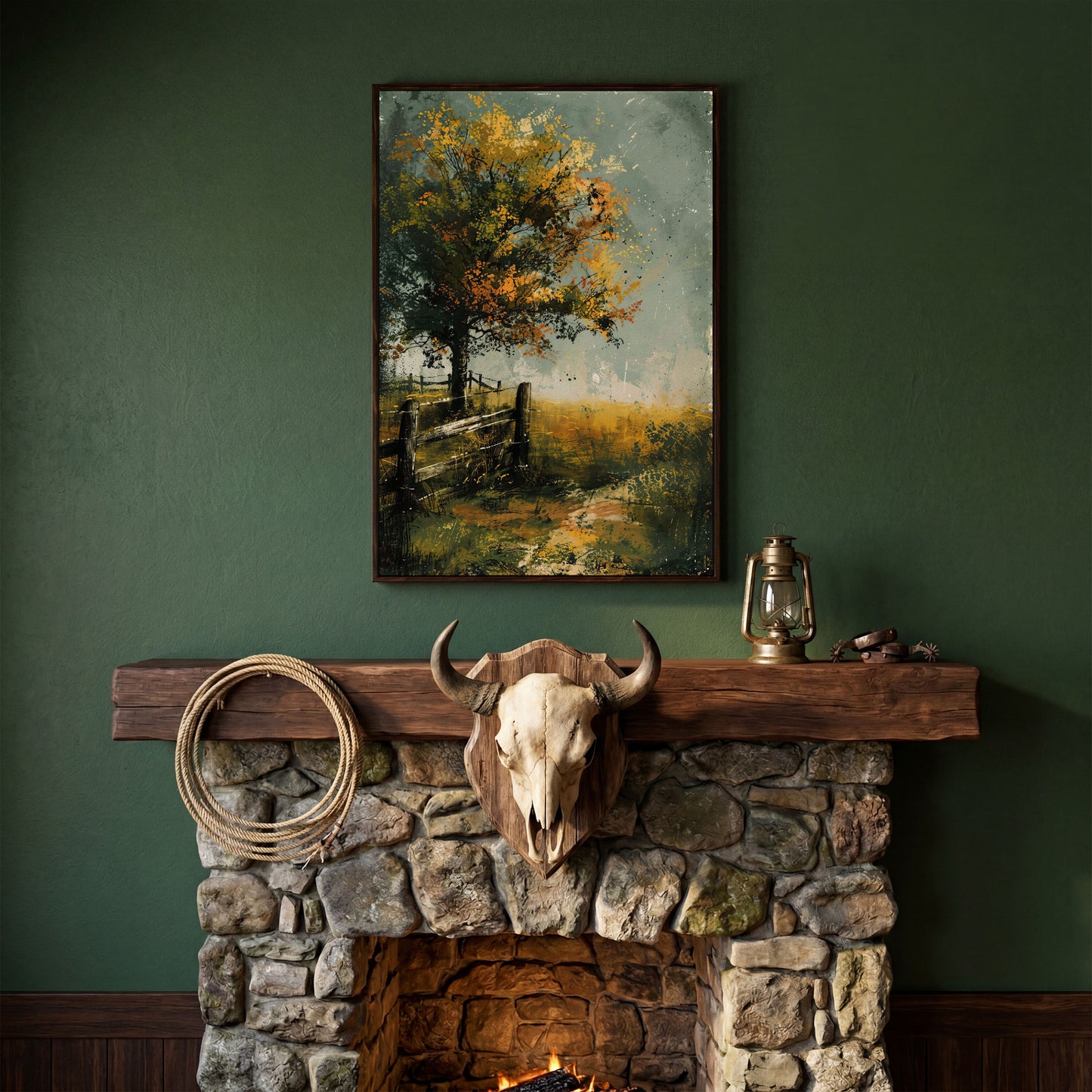 Autumn Country Tree with Wooden Fence, Rustic Landscape Canvas in dark walnut floating frame