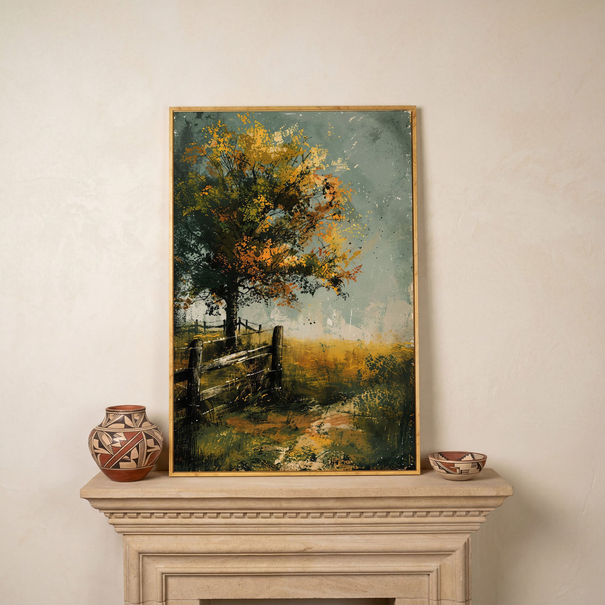 Autumn Country Tree with Wooden Fence, Rustic Landscape Canvas in white oak floating frame