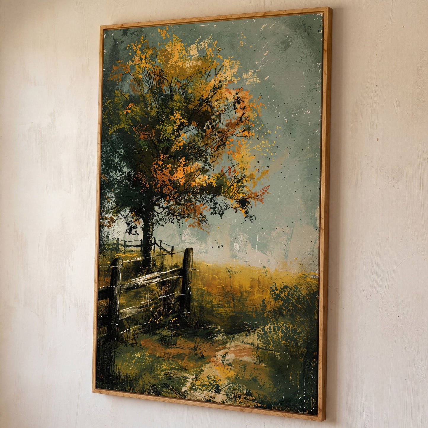 Autumn Country Tree with Wooden Fence, Rustic Landscape Canvas shown in white oak floating frame