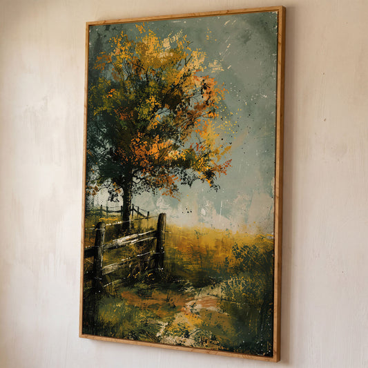 Autumn Country Tree with Wooden Fence, Rustic Landscape Canvas shown in white oak floating frame