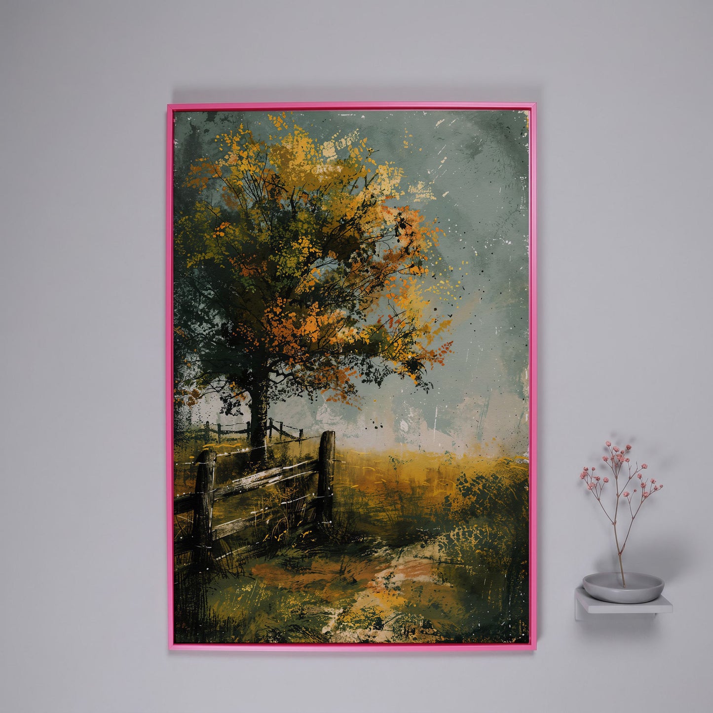 Autumn Country Tree with Wooden Fence, Rustic Landscape Canvas in pink floating frame