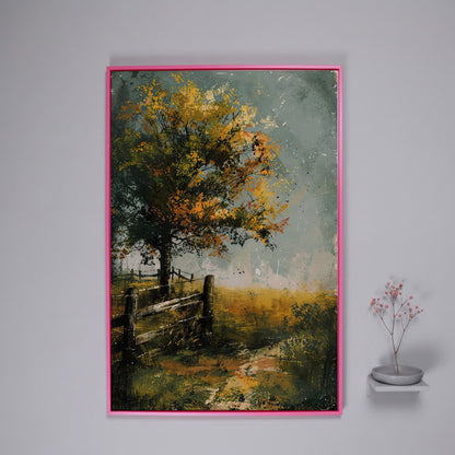 Autumn Country Tree with Wooden Fence, Rustic Landscape Canvas in pink floating frame