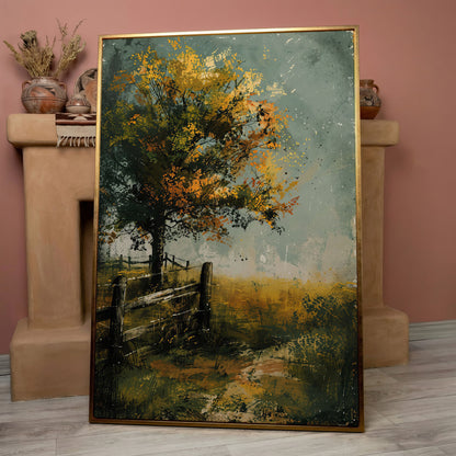 Autumn Country Tree with Wooden Fence, Rustic Landscape Canvas in rose gold floating frame