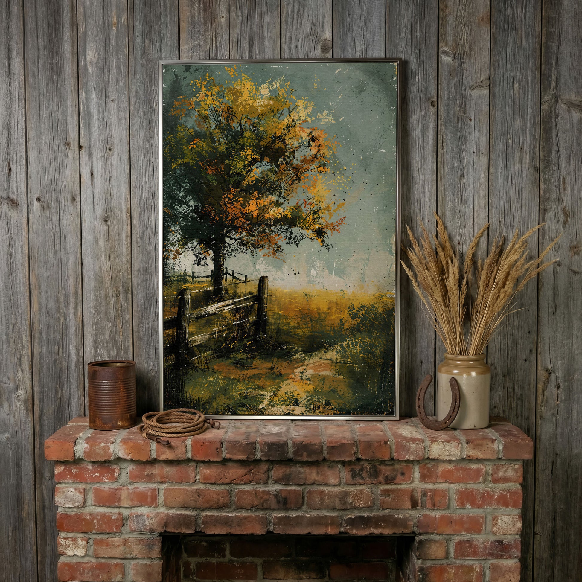 Autumn Country Tree with Wooden Fence, Rustic Landscape Canvas in silver floating frame
