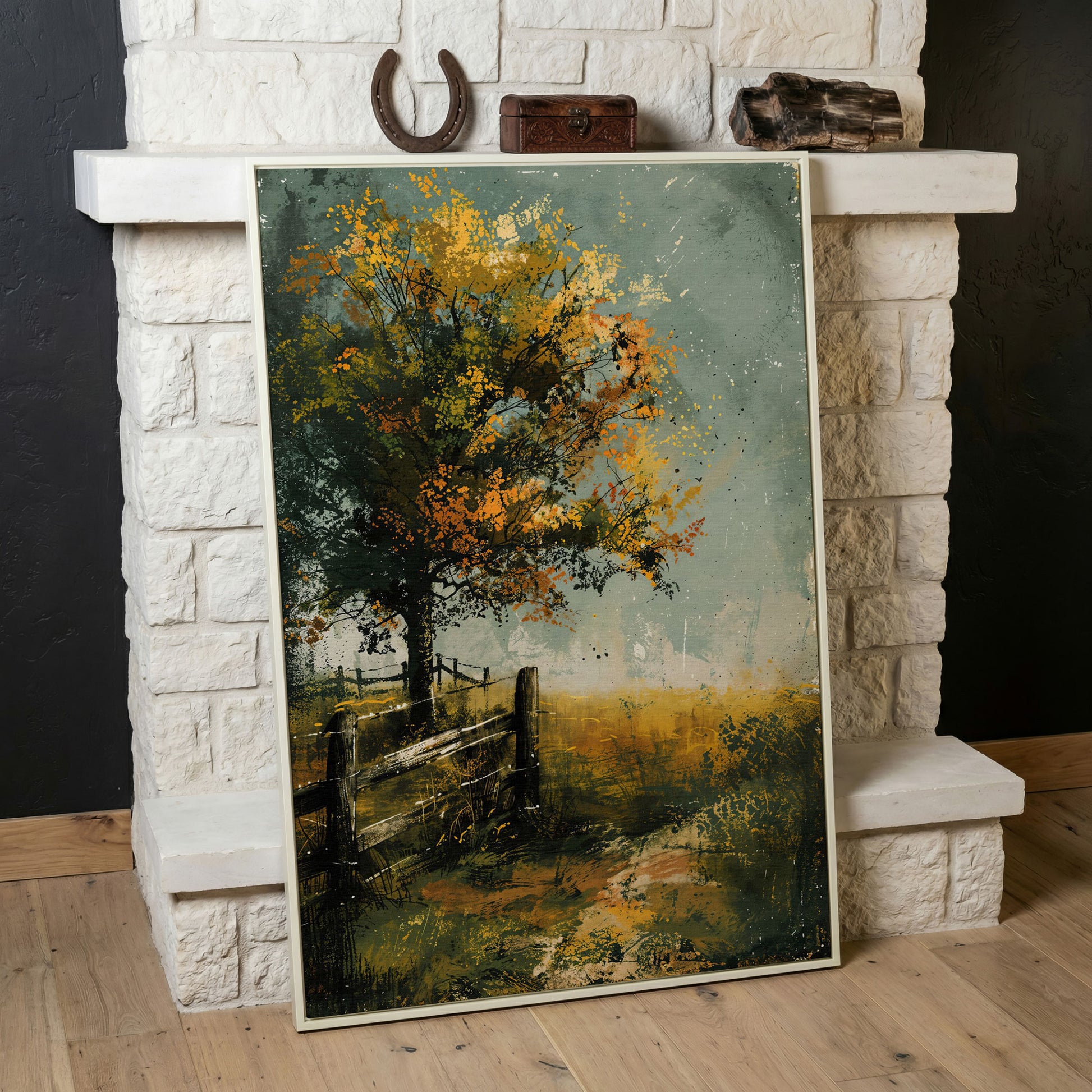 Autumn Country Tree with Wooden Fence, Rustic Landscape Canvas in white floating frame