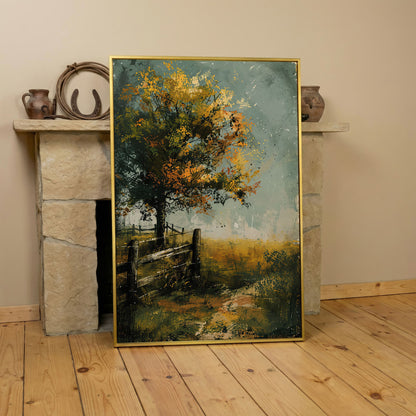 Autumn Country Tree with Wooden Fence, Rustic Landscape Canvas in yellow gold floating frame