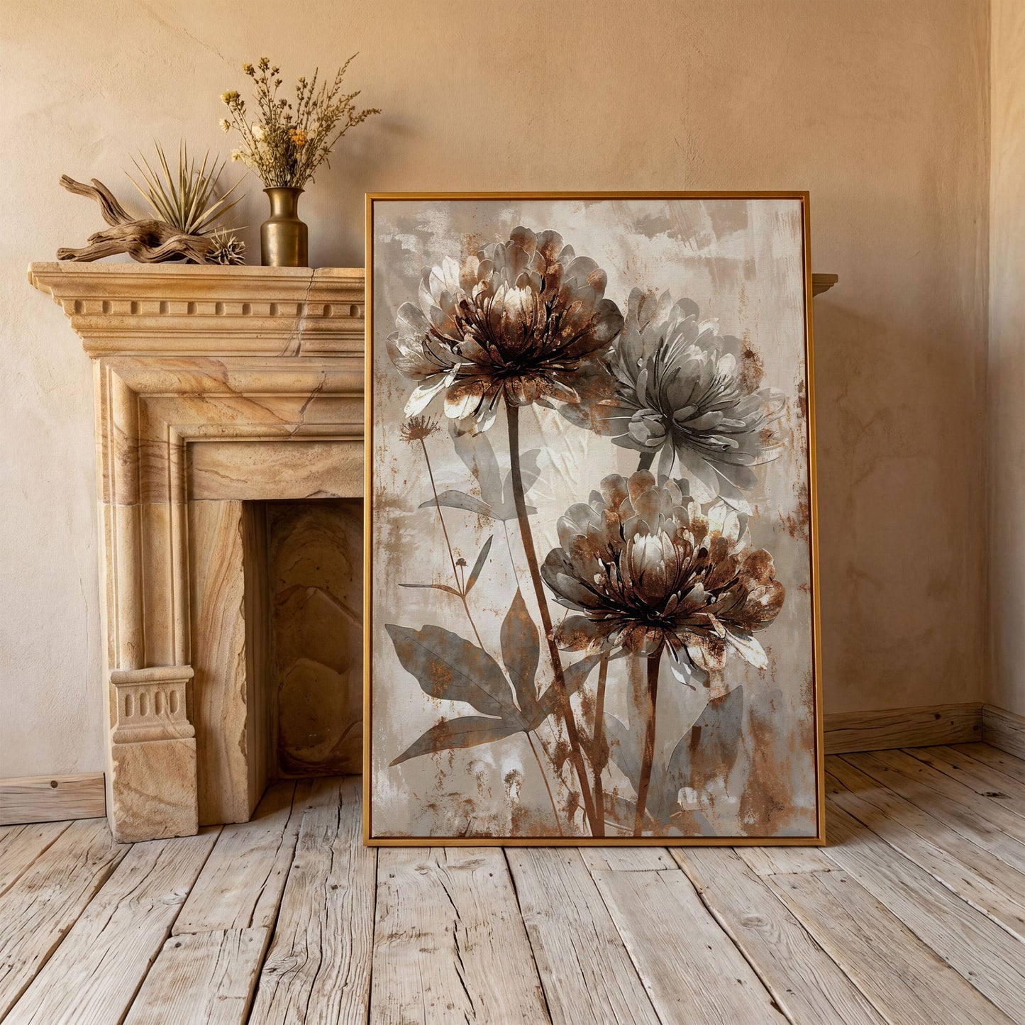 Rustic Peony Floral Canvas. Taupe & Burnt Sienna in antique gold floating frame