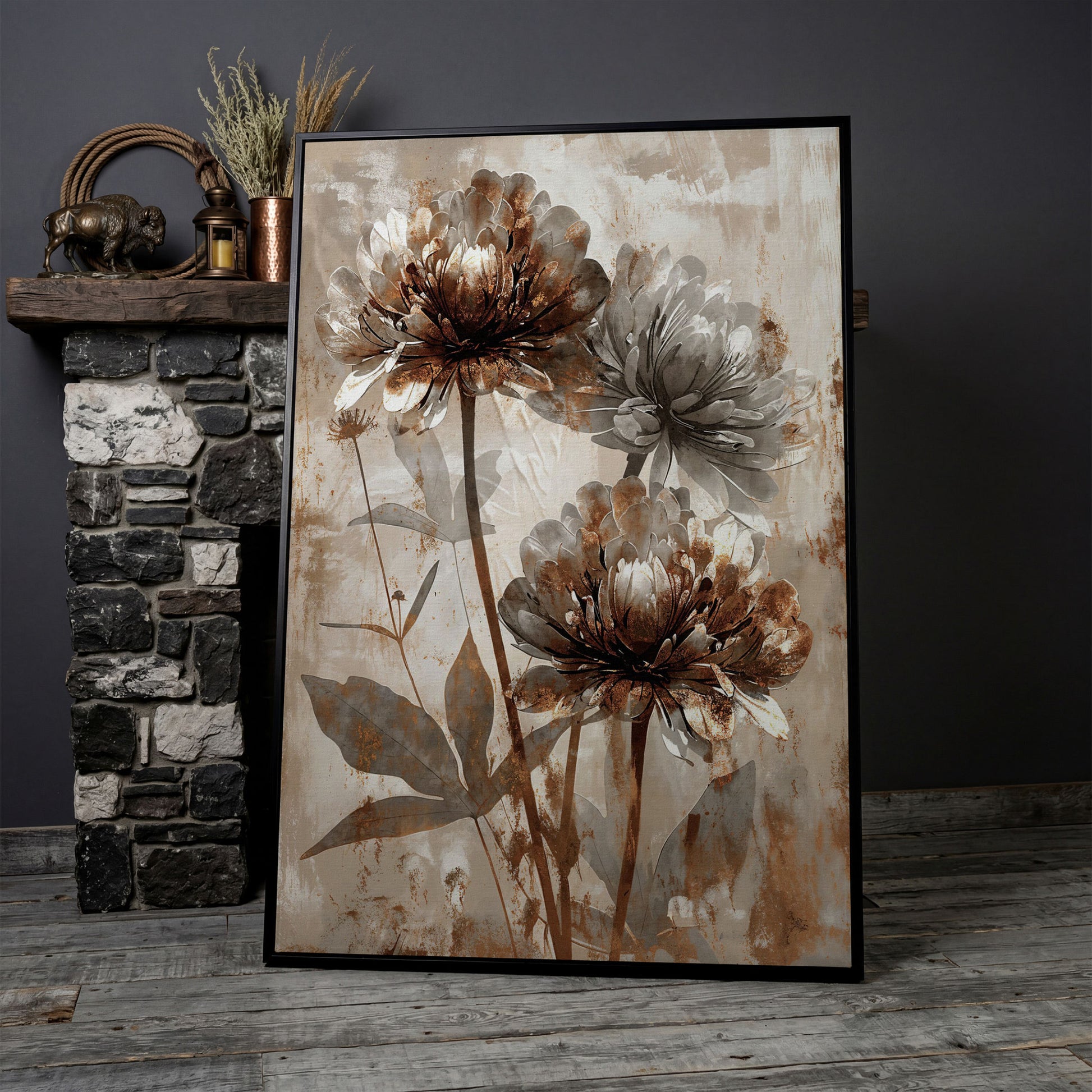 Rustic Peony Floral Canvas. Taupe & Burnt Sienna in black floating frame