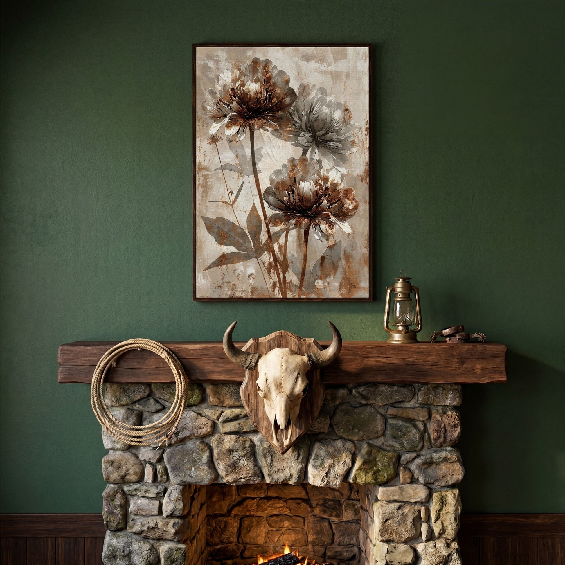 Rustic Peony Floral Canvas. Taupe & Burnt Sienna in dark walnut floating frame