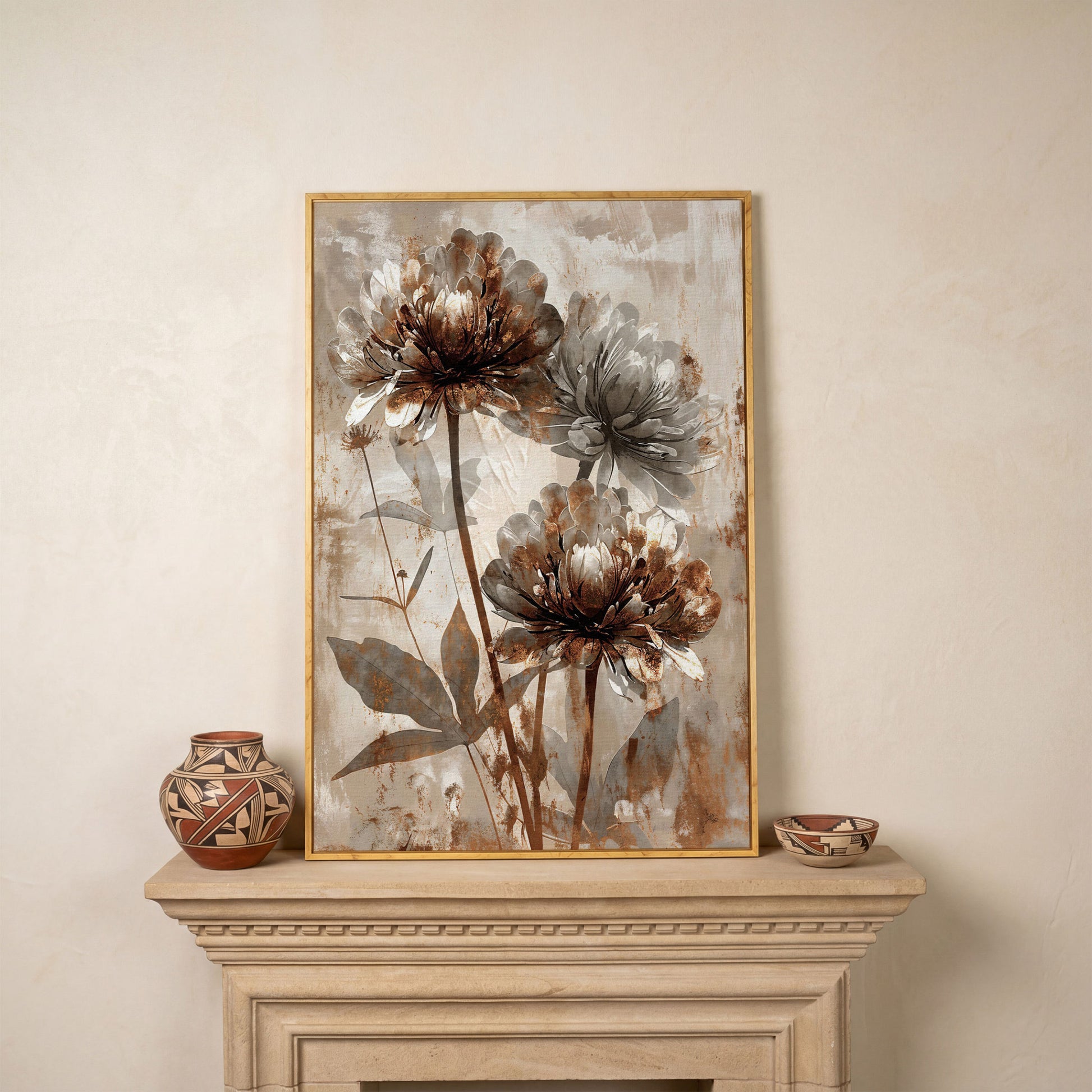 Rustic Peony Floral Canvas. Taupe & Burnt Sienna in white oak floating frame