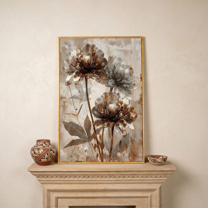 Rustic Peony Floral Canvas. Taupe & Burnt Sienna in white oak floating frame