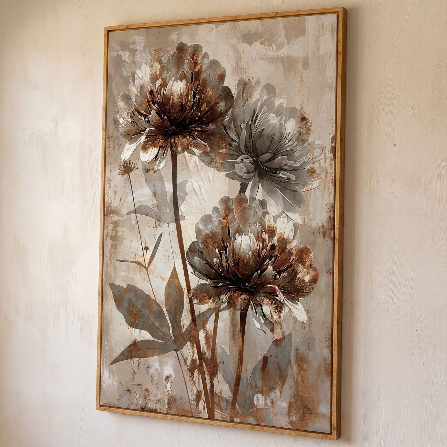 Rustic Peony Floral Canvas. Taupe & Burnt Sienna shown in white oak floating frame