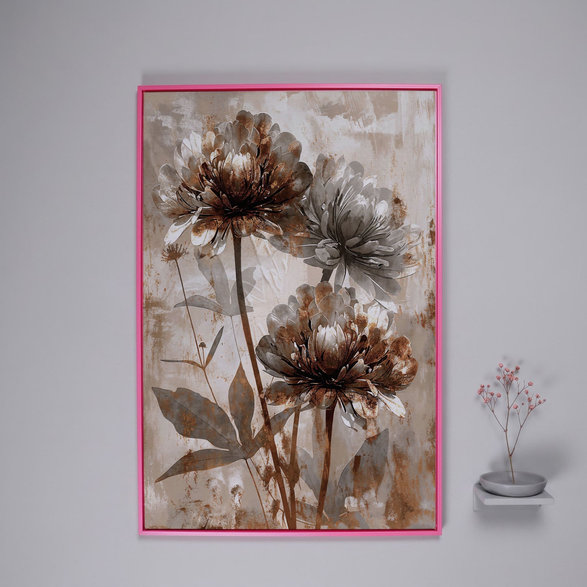 Rustic Peony Floral Canvas. Taupe & Burnt Sienna in pink floating frame