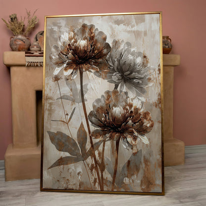 Rustic Peony Floral Canvas. Taupe & Burnt Sienna in rose gold floating frame