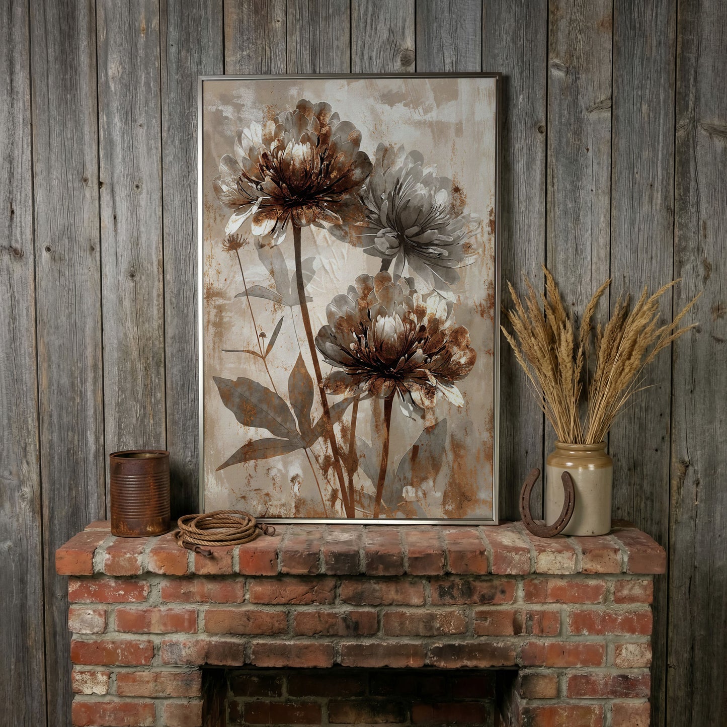 Rustic Peony Floral Canvas. Taupe & Burnt Sienna in silver floating frame