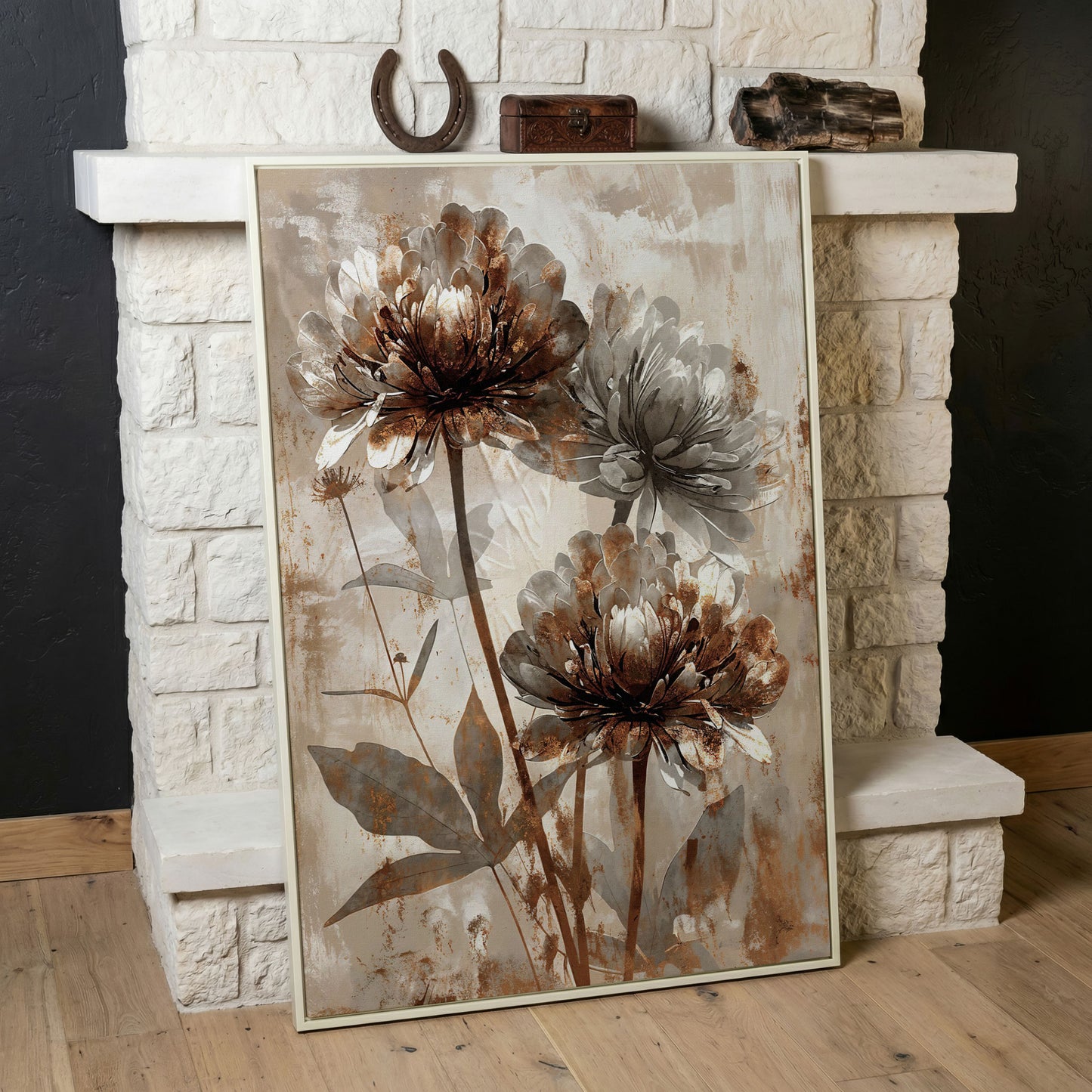 Rustic Peony Floral Canvas. Taupe & Burnt Sienna in white floating frame