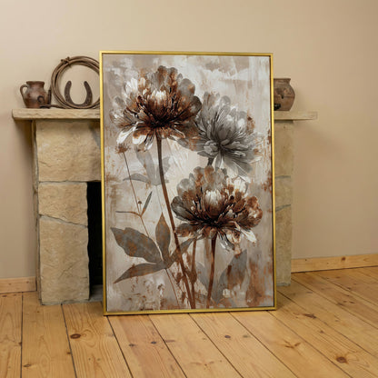 Rustic Peony Floral Canvas. Taupe & Burnt Sienna in yellow gold floating frame