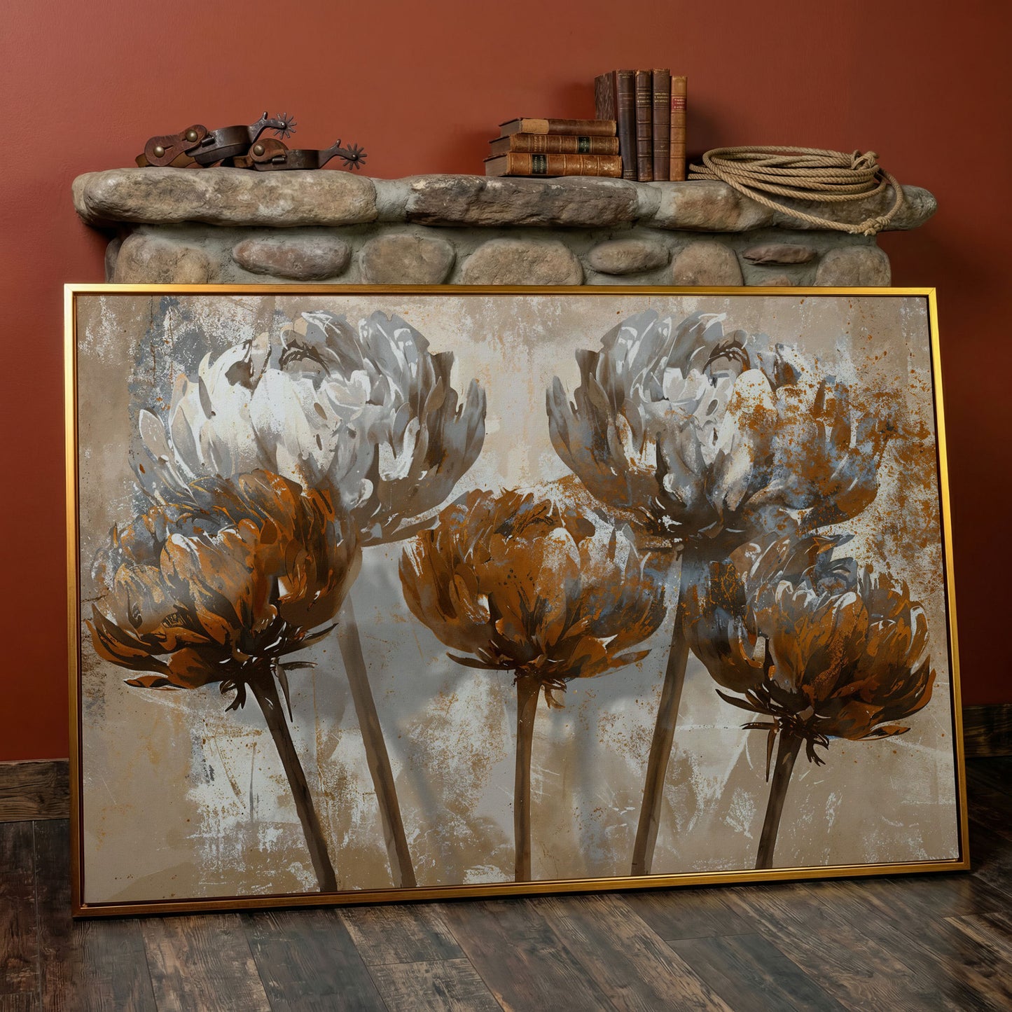 Abstract Floral Canvas Print in Brown & White in antique gold floating frame