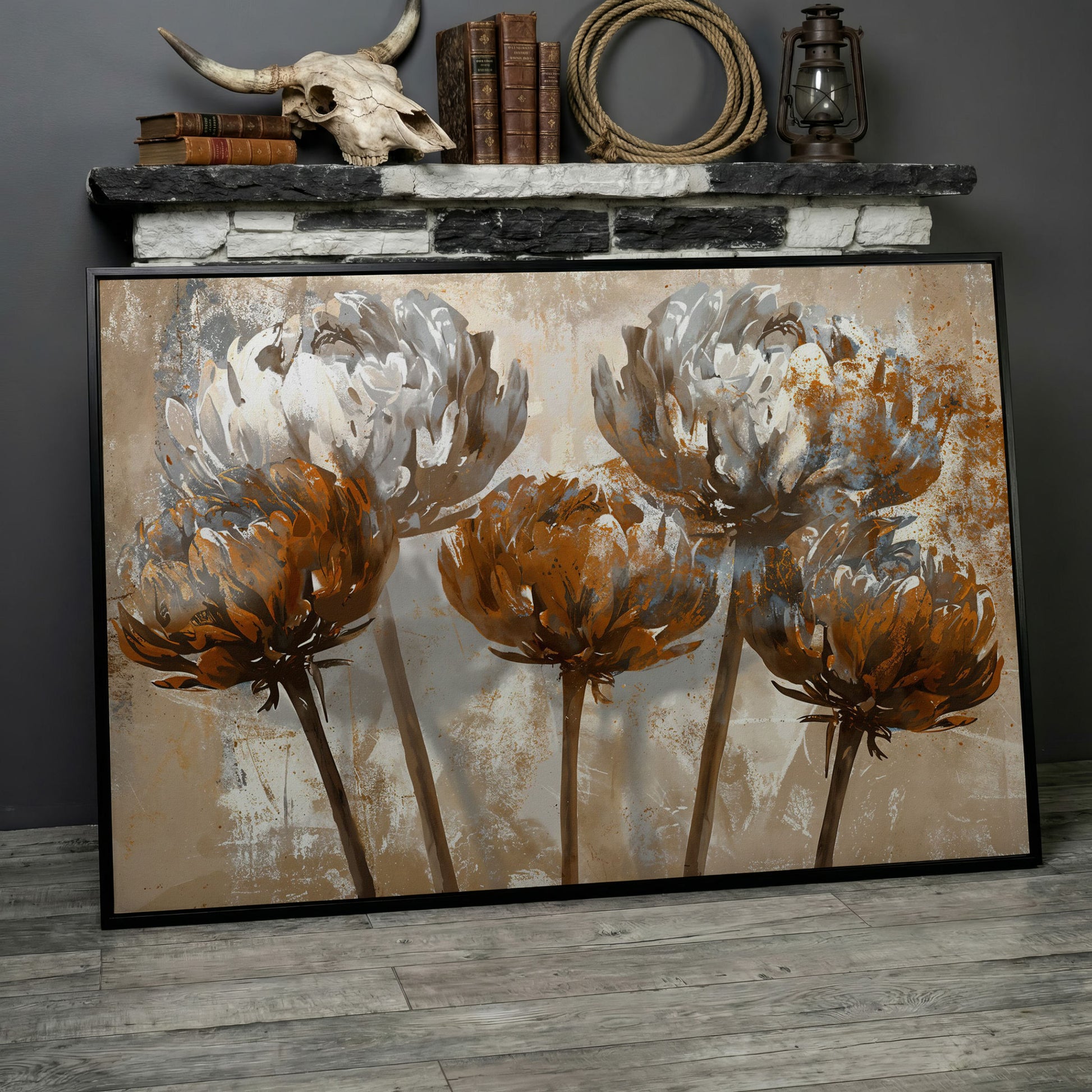 Abstract Floral Canvas Print in Brown & White in black floating frame