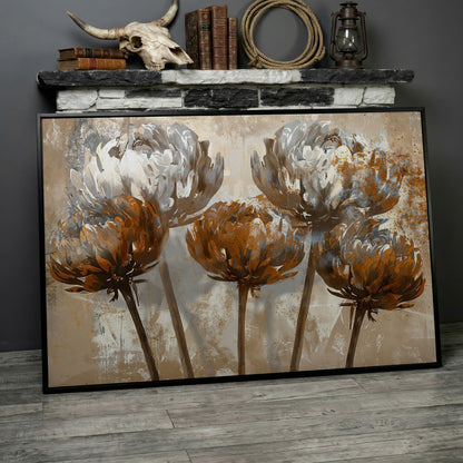Abstract Floral Canvas Print in Brown & White in black floating frame