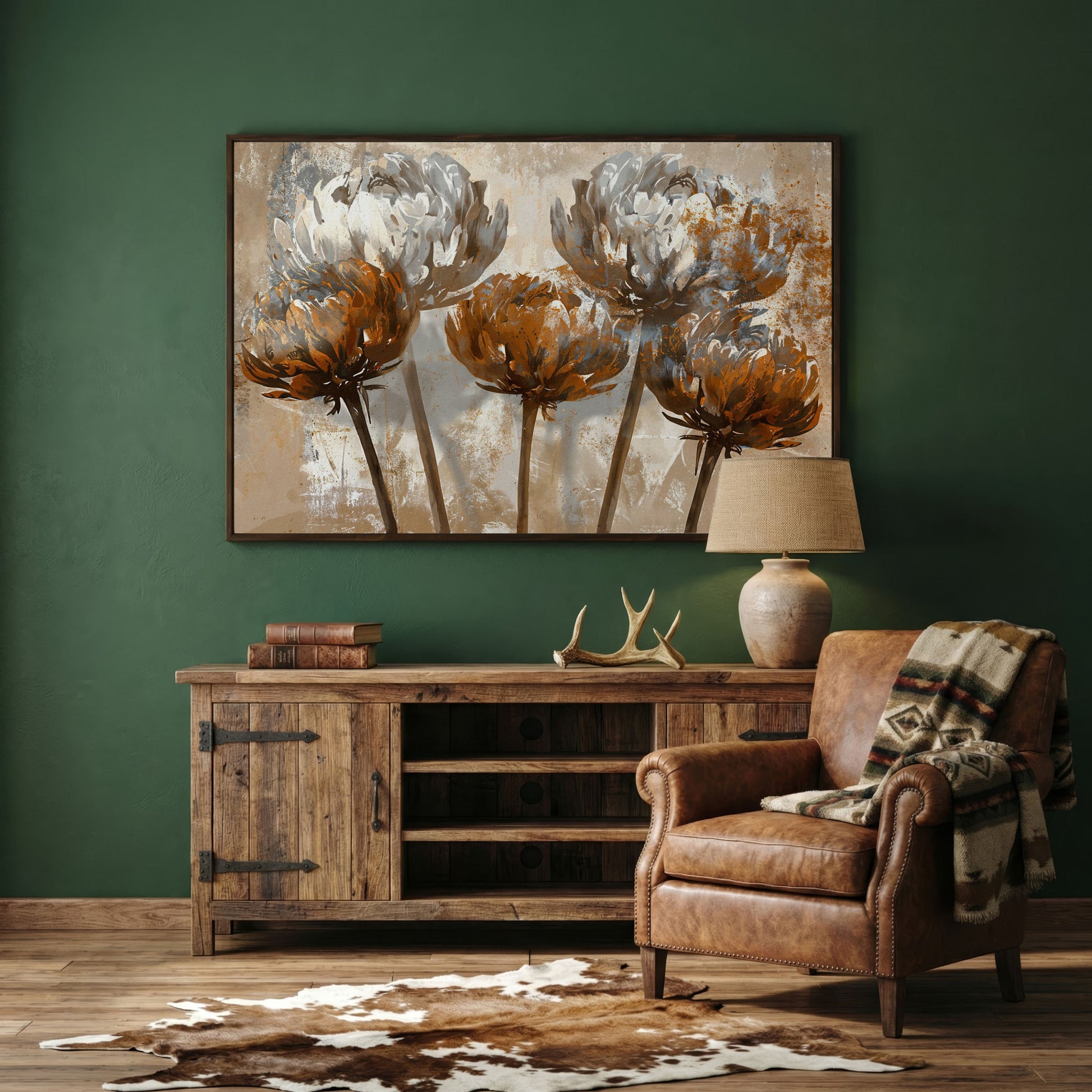 Abstract Floral Canvas Print in Brown & White in dark walnut floating frame