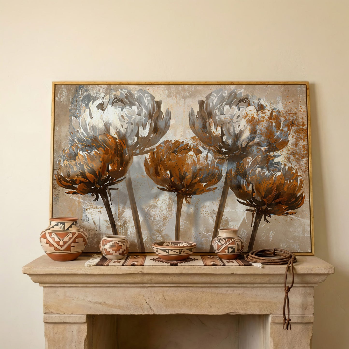 Abstract Floral Canvas Print in Brown & White in white oak floating frame
