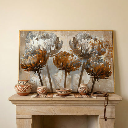Abstract Floral Canvas Print in Brown & White in white oak floating frame