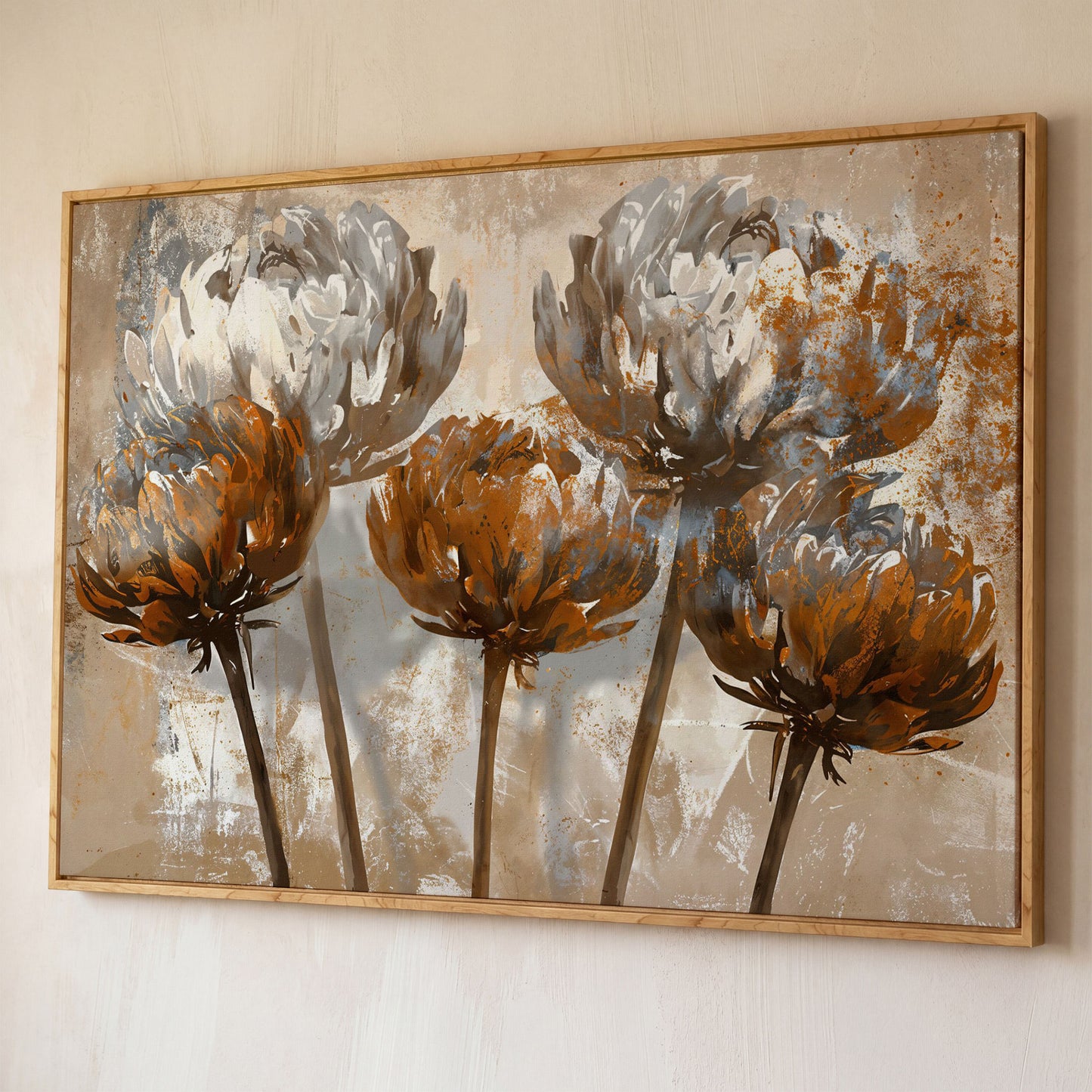Abstract Floral Canvas Print in Brown & White shown in white oak floating frame