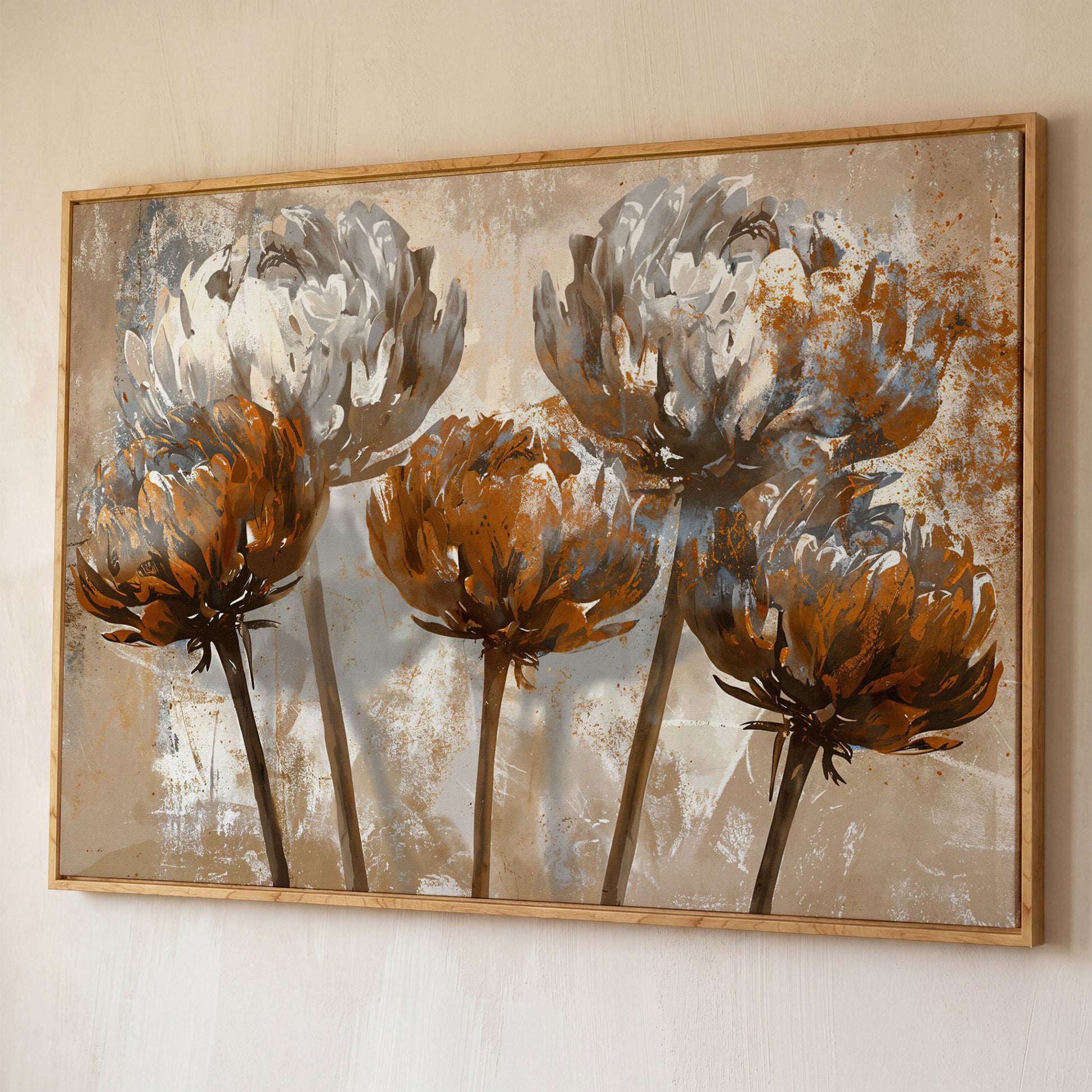 Abstract Floral Canvas Print in Brown & White shown in white oak floating frame