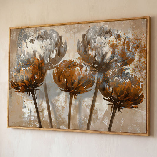 Abstract Floral Canvas Print in Brown & White shown in white oak floating frame