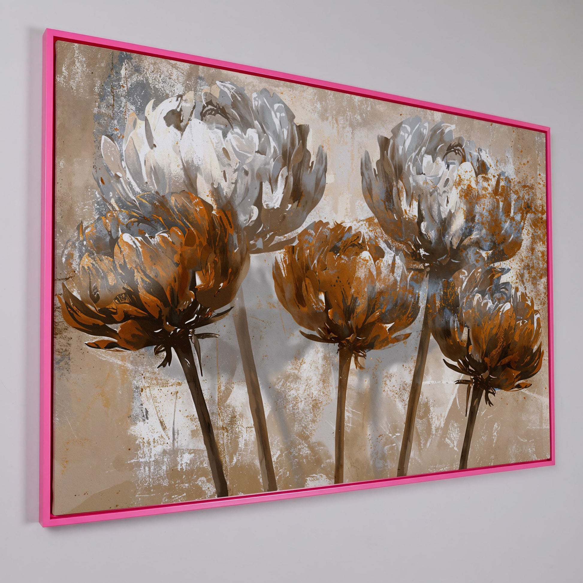 Abstract Floral Canvas Print in Brown & White in pink floating frame